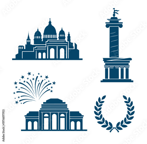 Set of architectural landmarks and symbols on white background
