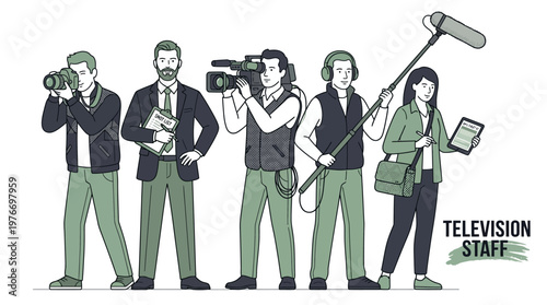 Professional Television Production Crew Illustration with Camera Operator, Director, Sound Engineer, and Staff Members