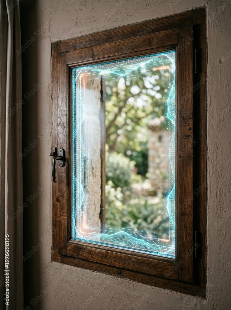Fototapeta premium Smart window frame with digital insulation and thermal data