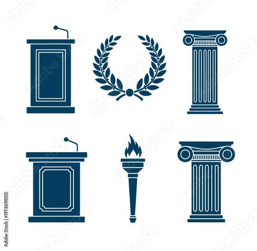 set of icons including podium microphones laurel wreath torch and columns on white background