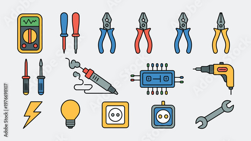 Set of electronics repair and electrical tools, vector illustration featuring screwdrivers, pliers, multimeter, soldering iron, and wrenches, ideal for technical manuals, DIY guides
