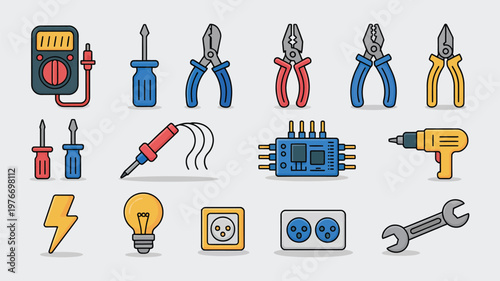 Set of electronics repair and electrical tools, vector illustration featuring screwdrivers, pliers, multimeter, soldering iron, and wrenches, ideal for technical manuals, DIY guides