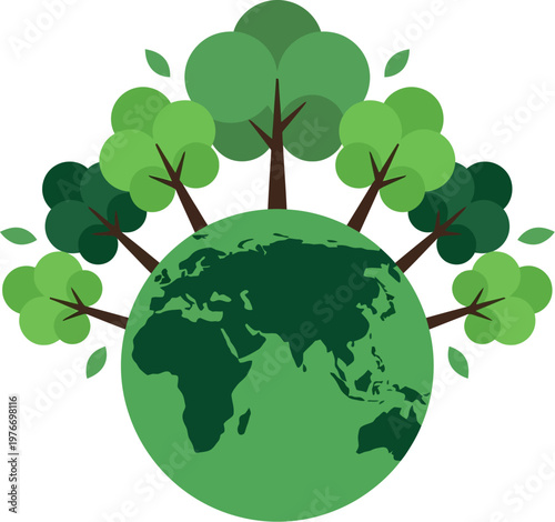 Green Globe Surrounded by Trees Flat Icon for Environmental Conservation, Reforestation Advocacy and Earth Day Campaign Design Materials