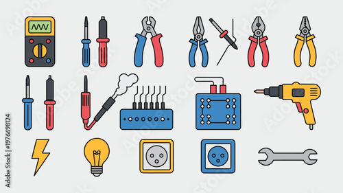 Set of electronics repair and electrical tools, clean flat vector design showing essential equipment for circuit repair, maintenance, and assembly, perfect for apps, infographics