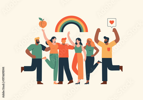 Diverse Group of People Celebrating Pride and Inclusion Flat Vector Illustration with Rainbow and Love Symbols