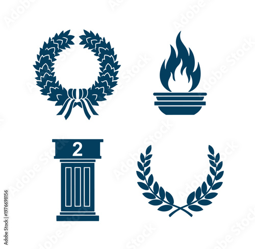 set of laurel wreath and torch icons for victory and achievement awards