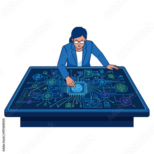 A flat vector illustration of an AI Solutions Architect leaning over a large digital drafting table. On the table is a complex blueprint made of glowing geometric nodes and connection lines