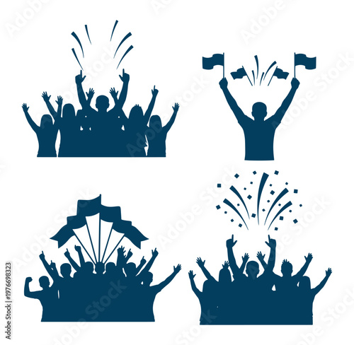Silhouettes of people celebrating with raised hands and flags in four different scenes on white background