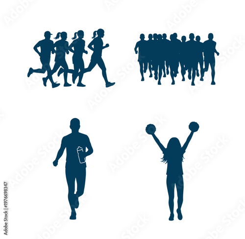 Silhouettes of people running and cheering in various poses and activities