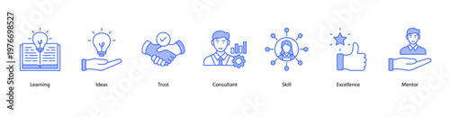 Personal Growth web banner icon vector illustration featuring Learning, Ideas, Trust, Consultant, Skill, Excellence, and Mentor for career and self-development.