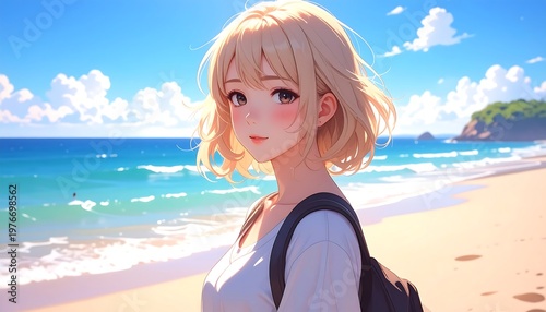 A young woman with short blonde hair stands on a sunny beach