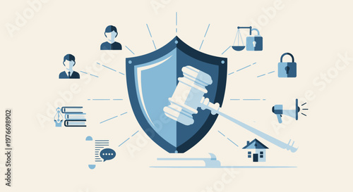 law and justice protection concept with shield and gavel