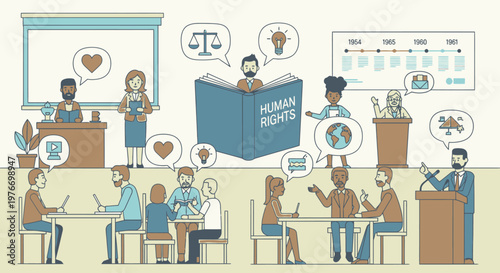 Diverse group of people discussing human rights in a meeting