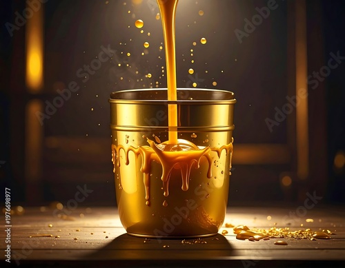 Close-up of gold cup overflowing with honey, in warm, moody lighting