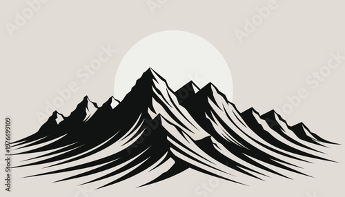 Stylized illustration of majestic, jagged mountain peaks with a large sun setting behind them, isolated on transparent background