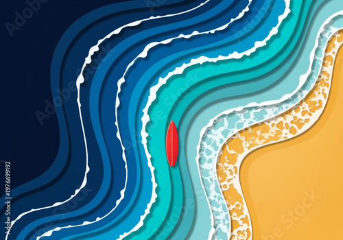 Paper Cut Style Illustration of Ocean Waves and Sandy Beach with Red Surfboard, Top View Sea and Shore Vector Art for Summer Vacation Concept