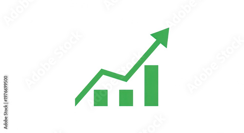 Green line graph with upward trend and bar chart elements isolated on transparent background