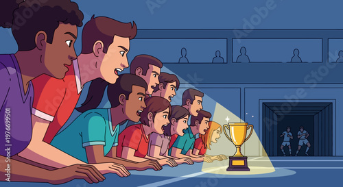Group of people watching a trophy.