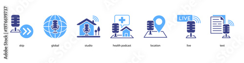Global Podcasting web banner icon vector illustration featuring skip, global, studio, health podcast, location, live, and text for international audio broadcasting.