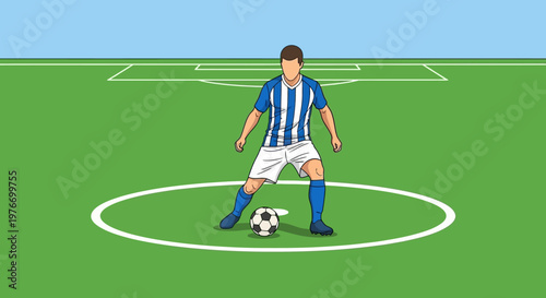 Soccer player in blue uniform kicking.