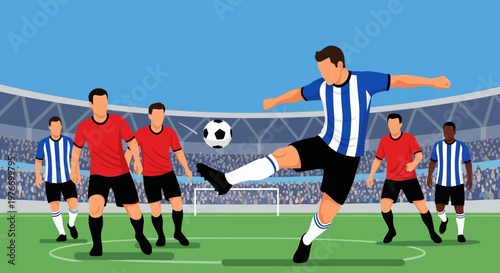 Soccer player kicking ball in action.