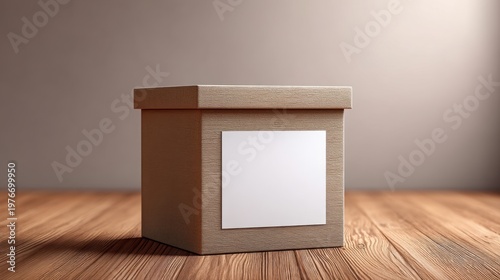 Simple wooden box with blank label on rustic wooden surface in softly lit environment perfect for packaging, storage, or gift presentation