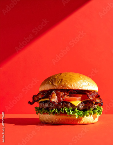 Bacon burger on red background