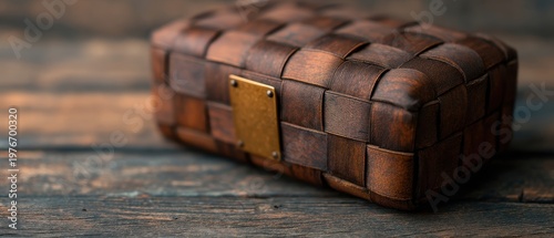 Plaque Award Material concept. Small woven wooden box with brass latch on rustic wooden surface