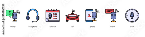 Podcast Essentials web banner icon vector illustration featuring money, headphone, calendar, car, phone, record, and clock for digital broadcasting and creative media.