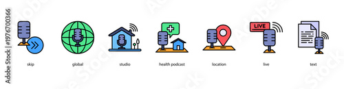 Global Podcasting web banner icon vector illustration featuring skip, global, studio, health podcast, location, live, and text for international audio broadcasting.