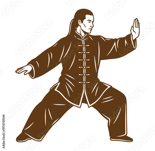 A man in traditional Chinese clothing practicing tai chi on a transparent background