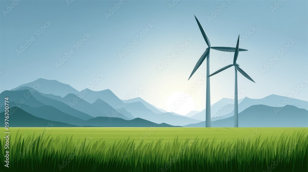Fototapeta premium Serene Landscape with Wind Turbines Against Majestic Mountains and Soft Green Grass Under a Calm Blue Sky During Early Morning Light