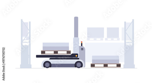Automated guided vehicle (AGV) moving pallets in a modern warehouse with shelves and boxes