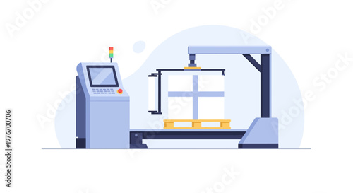 Automated packaging machine wrapping palletized cargo with stretch film in factory