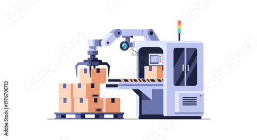 Automated robotic arm packing boxes on a conveyor belt in a factory