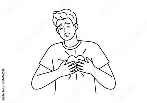Male character holding heart area in distress showing signs of cardiac health complication.