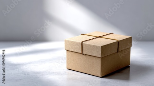 Minimalist brown gift box with string on a light surface casting soft shadows, perfect for holiday or birthday presents, natural packaging concept, stylish design
