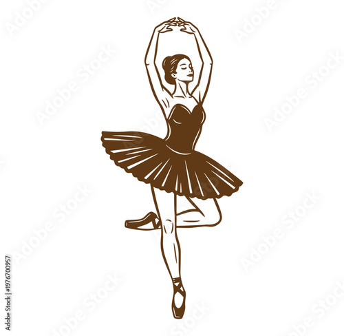 Brown ballerina in dancing pose with arms up and one leg bent  elegant female dancer in brown leotard and tutu