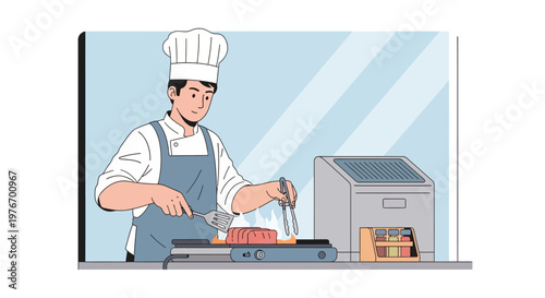 Chef cooking steak on grill, professional kitchen, culinary, food preparation, restaurant