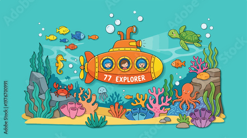 Submarine in Ocean with Fish.