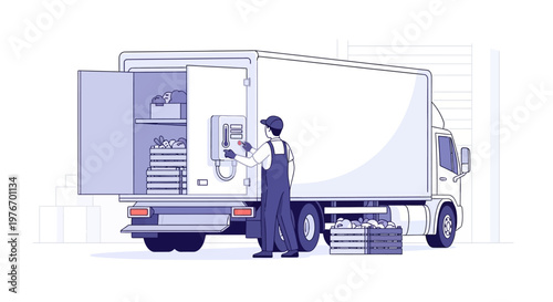 Delivery driver loading fresh produce into a refrigerated truck for transport