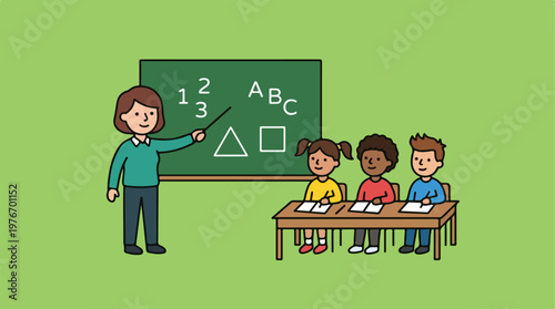 Teacher and students in classroom.