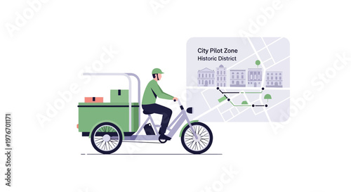 Delivery rider on electric cargo bike in historic city district with map