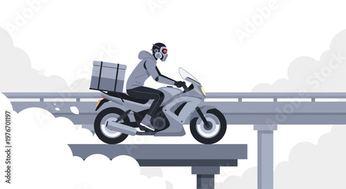 Delivery rider on motorcycle with cargo box on bridge, pixel art style, overcast sky