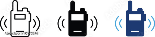 Walkie talkie icon set in outline and solid styles, portable radio transceiver symbols, wireless communication device vector graphics
