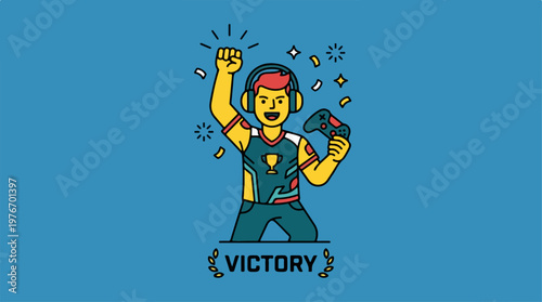 Triumphant gamer celebrates victory.
