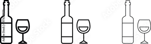 Minimalist wine bottle and glass icons, black outline vector set with varying stroke weights, elegant beverage symbols for restaurant menus