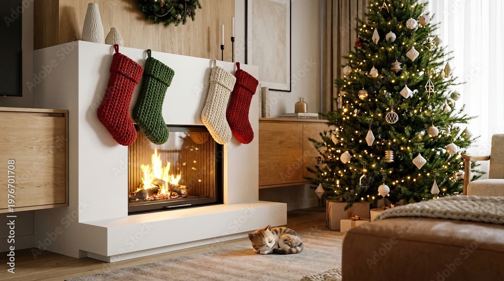 Obraz premium Cozy Christmas morning in a modern hygge living room with a burning fireplace, knit stockings, and a cute tabby kitten sleeping by the warm fire.