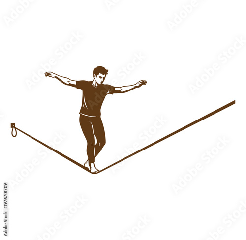 man balancing on a tightrope with arms outstretched isolated on white background