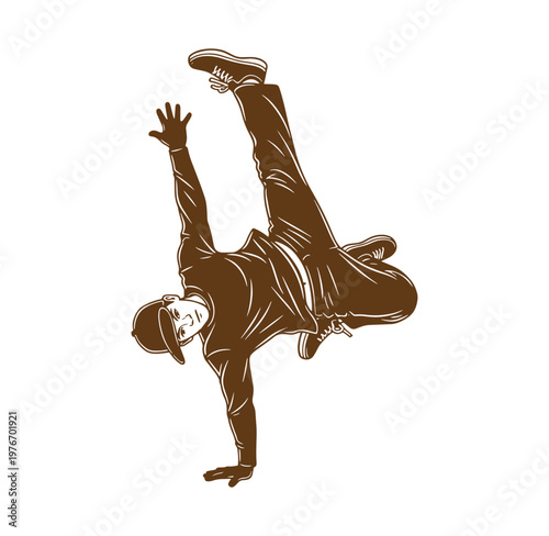 man in brown outfit doing a breakdancing move isolated on white background